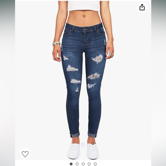 NWT New Tengfu Size 6 Skinny Distressed Denim Blue Jeans Cuffed - Picture 1 of 12